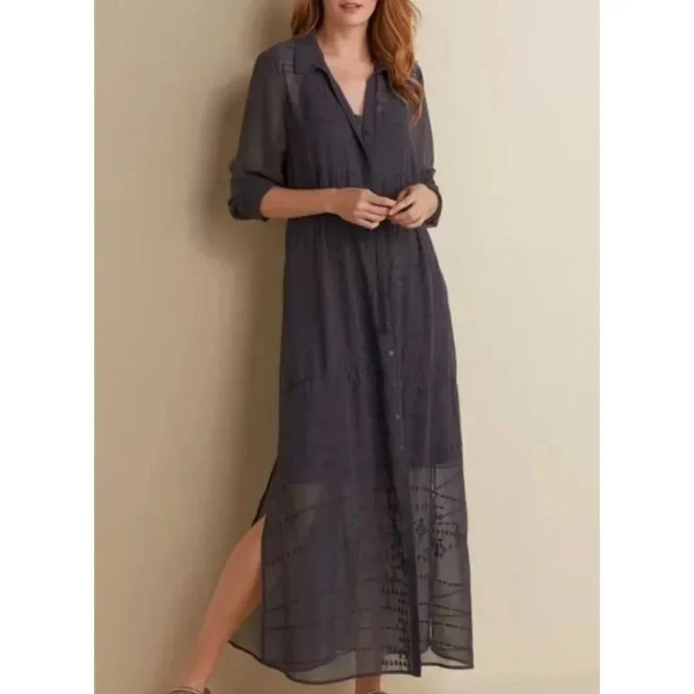 Soft Surroundings Ibiza maxi dress‎ Sz XS Slate Gray Embroidered Sheer Boho Chic